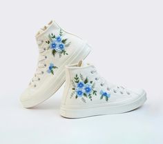 EMBROIDERED WEDDING SHOES, SHOES FOR THE BRIDE, BRIDEMAID        Custom Wedding Sneakers/ Bridesmaids Flowers Embroidered Converse/ Embroidered Wedding Reception Shoes/ Blue Embroidered Wedding Shoes  💸 Price includes Converse Shoes and floral embroidery as shown 🌸 You can send me your Converse/Vans shoes or I can buy them for you. We stock all the Converse and Vans shoes you want, if you want other Converse/Vans shoes in the store, please message us. Your embroidered Converse/Vans shoes will Wedding Low-top Sneakers With Floral Embroidery, Spring Wedding Embroidered Sneakers, Embroidered Round Toe Wedding Shoes, Spring Wedding High-top Sneakers, Wedding Reception Shoes, Embroidered Wedding Shoes, Embroidery Converse, Bridesmaids Flowers, Reception Shoes