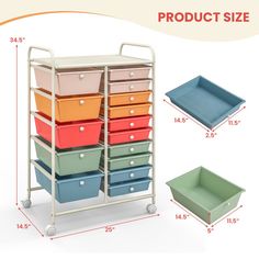 the storage cart has six drawers and four trays on it's sides, along with