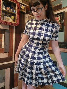 "Adorable 60s silk houndstooth blue and cream print mini dress with buttons- no label  chest 36\" Waist 30\" Hips open Shoulder seam to shoulder seam 15\" Length 33\" Condition very good except one tiny speck spot right below last botton to right (see photos)" Retro Fitted Knee-length Plaid Dress, Fitted Retro Knee-length Plaid Dress, Fitted Knee-length Retro Plaid Dress, Retro Fitted Mini Length Plaid Dress, Retro Fitted Mini Plaid Dress, Retro Fitted Plaid Mini Dress, Retro Gingham Mini Dress, Fitted Retro Plaid Dress For Spring, Fitted Plaid Vintage Mini Dress