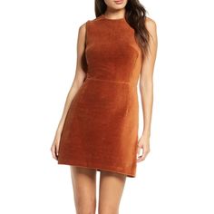 A Chic Sheath Cut From Sleek, Stretchy And Soft Corduroy. Wear It On Its On Or Get A Fall Look Layered With A Fitted Turtleneck And Tights. Exposed Back-Zip Closure Jewel Neck Sleeveless 33" Length Lined 64% Cotton, 34% Polyester, 2% Elastane Color: 'Casablanca' Which Is A Rich And Warm Shade Of Burnt Orange/Brown New, Never Worn But Store Tag Has Fallen Off And Is Missing (Plastic Tag Remains). Originally Purchased From Nordstrom. Fitted Brown Cotton Mini Dress, Fall Cotton Sleeveless Mini Dress, Cotton Mini Dress For Fall Date Night, Fall Cotton Mini Dress For Date Night, French Connection Dress, Fitted Turtleneck, Jewel Neck, Orange Brown, Fall Looks