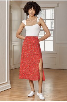 Long Red Skirt Outfit Summer, Red Skirt Outfit Summer, Red Long Skirt Outfit, Long Red Skirt Outfit, Red Midi Skirt Outfit, Red Maxi Skirt Outfit, Floral Print Skirt Outfit, Red Skirt Outfits, Printed Skirt Outfit