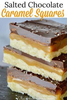 salted chocolate caramel squares stacked on top of each other with text overlay