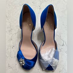 Brand New Size 7 Ships In Original Packaging Kate Spade High Heels With Branded Heel Counter, Blue Low Heels With Sculpted Heel, Blue Almond Toe Heels With Heel Strap, Blue Almond Toe Heels With Wrapped Heel, Kate Spade Shoes, Cobalt Blue, Cobalt, Shoes Women Heels, Kate Spade