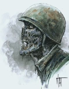 a drawing of a man with a helmet and skull on his face, in watercolor