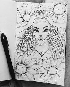 a pencil drawing of a woman with flowers on her face and sunflowers around her head