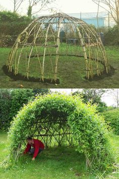 two pictures one with a man kneeling in the grass and another with a building made out of bamboo sticks