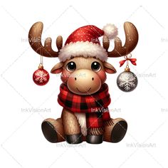 a reindeer wearing a santa hat and scarf with ornaments hanging from it's antlers