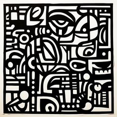 an abstract black and white artwork piece with many different types of shapes in the background