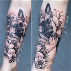 a german shepherd tattoo on the left forearm and right leg, with flowers around it