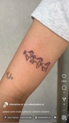 a small horse tattoo on the left forearm and right arm, with an arrow in the middle