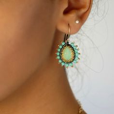 "I created this teardrop earring by hand, using Swarovski teardrop 14*10mm for each one, Swarovski pearls 3mm, Miyuki round seed beads, Miyuki Delica beads, and 14k goldfilled ear-wire * If you chose the sterling silver option, all the metal pieces and beads will be replaced with silver metal and silver colored beads *Measurements: Earring length: 1.37\" (3.5cm) Earrings width: 0.78\" (2cm) *The earrings will come beautifully packaged for a gift. *For other Teardrop earrings: https://www.etsy.co Turquoise Pearl Earrings, Victorian Style Earrings, Mom Gift Ideas, Crystal Teardrop Earrings, Earrings Turquoise, Delica Beads, Swarovski Pearls, Style Earrings, Jewelry Packaging