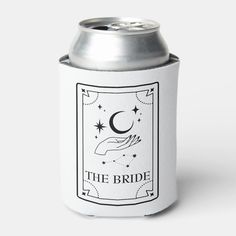 a white can cooler with the words, the bride on it's front and side