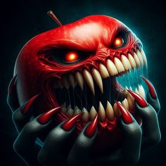 an apple with teeth and fangs on it's face is shown in this image