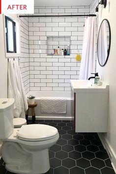 a white toilet sitting next to a bath tub under a window in a bathroom with black and white tiles on the floor