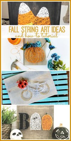 some pumpkins and other decorations are on display in this collage with the words fall string art ideas and how to use them