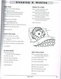 an open book with instructions on how to sleep and waking in it, including pictures of a child's head