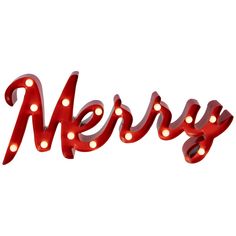 the word merry is lit up in red with lights on it's sides and letters that spell out