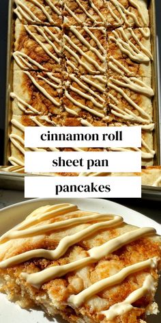 cinnamon roll sheet pan pancakes with icing on top and the bottom half cut off