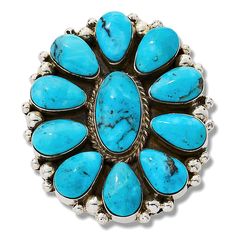 Elevate your style with the Chaco Canyon Sterling Silver Kingman Turquoise Oval Cluster Ring. This exquisite piece is handcrafted by Native American artisans, featuring a captivating arrangement of stabilized Kingman turquoise stones. The central oval turquoise is elegantly framed by pear-shaped stones, creating a stunning cluster that draws the eye.

- Material: Sterling Silver (.925 stamped)
- Stones: Stabilized Kingman Turquoise; Oval (7x13mm), Pear (9x5mm)
- Dimensions: Approx. 1-7/16"L x 1- Chaco Canyon, Southwest Jewelry, Turquoise Stones, Jewelry Show, Kingman Turquoise, Silver Bead, American Jewelry, Native American Jewelry, Jewelry Patterns