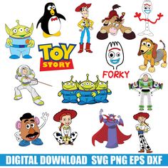 various cartoon characters are shown in this image