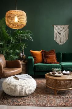 a living room filled with furniture and green walls