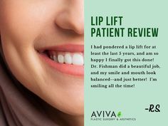 "I am so happy I finally got this done!" says our patient about her recent liplift experience.  As someone with a genetically long upper lip, she had tried fillers and Botox multiple times in the past to improve the appearance of her lips and smile, and ultimately did not feel these helped her achieve her goals.  After thinking about a surgical lip lift for at least 5 years, she came to our practice to learn about surgical lip contouring, and had a great experience!

"My smile and mouth now look balanced," says our patient after her lip lift procedure.  "I'm smiling all the time, and feel so much less self-conscious about how I look.  The next step is teeth brightening to show off Dr. Fishman's work and my new smile.  I couldn't have had a better experience here, and am so thankful to Dr. Celebrity Plastic Surgery, Lip Contouring, Upper Lip, Self Conscious, So Thankful, I Smile, Plastic Surgery