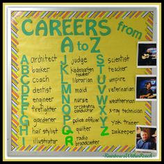 a bulletin board with pictures and words on it that say career from a to z