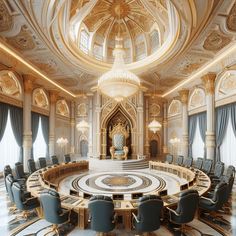 an elaborately decorated meeting room with blue chairs