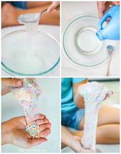 the process for making sprinkles is shown in four different pictures, including one being