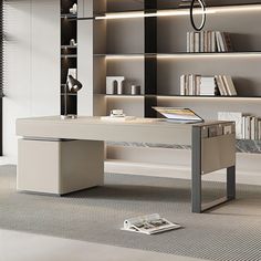 a white desk in front of a book shelf