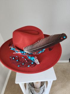 This is a burnt orange wide brim hat. Hand burned with jewel accents. Cowboy Hat Crafts, Hand Burn, Wide Brimmed Hats, Wide Brimmed, Burnt Orange, Fedora, Cowboy Hats, Caps Hats, Accessories Hats