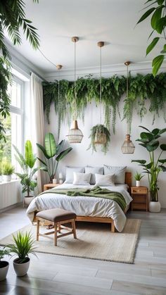 a bedroom with plants on the wall