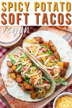 the recipe for spicy potato soft tacos is shown on a cutting board