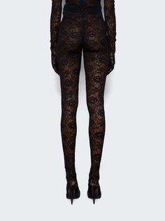 "Find SAINT LAURENT Legging Tights In Stretch Lace on Editorialist. Sheer footed leggings with all-over floral lace motif Concealed back zip closure Dimensions: Model is 5'9\"/175cm and is wearing a size FR36 Composition: 93% polyamide, 7% elastane Care: care according to label" Black Lace Leggings, Cashmere Leggings, Footed Leggings, Stirrup Leggings, Lace Leggings, Lace Tights, Care Care, Ankle Leggings, Stretch Leggings