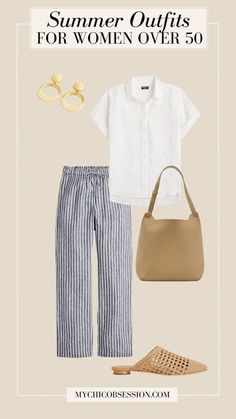 Summer Casual Outfits For Women 2024, Summer Fashion Over 50, Scandi Summer, My Chic Obsession, Striped Linen Pants, Casual Summer Outfits For Women, Striped Shirts, Fashion Capsule Wardrobe