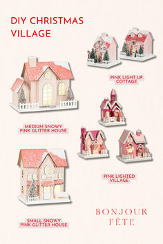 the instructions for how to make a diy christmas village with pink snowed houses