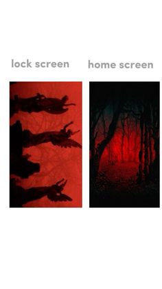 two different images with the same image in red and black, one is an eerie forest