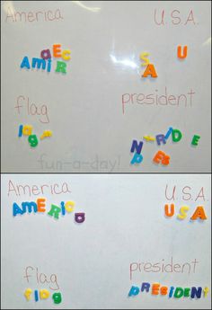 two whiteboards with words written in different languages on them, one has an american flag and the other is a usa