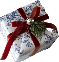 a present wrapped in blue and white with a red ribbon