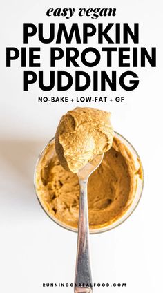 a spoon full of pumpkin pie protein pudding on a white background with text overlay