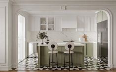 two stools in front of a kitchen island with marble counter tops and black and white checkered floor