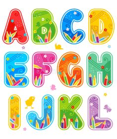 the letters and numbers are colorfully decorated with crayon pens, pencils, and stars