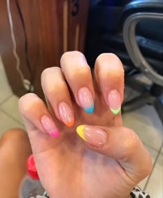 Nails Acrylic Colorful Tips, Acrylic Nails French Tip Different Color, Bright Colorful French Tip Nails, Multicolored French Tip Nails Almond, Colorful Tip Nails Almond, Multi Color Almond Nails, Multiple Colors Nails, Almond French Tip Nails Multicolor, Rounded Colored French Tip Nails