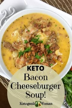 keto bacon cheeseburger soup in a white bowl