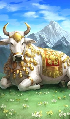 a painting of a bull with gold decorations on its body sitting in a grassy field