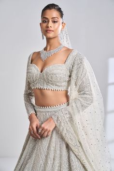 Silver Pearl Lehenga Set Pearl Lehenga, Silver Lehenga, Full Sleeves Blouse, Sheer Dupatta, Seema Gujral, Full Sleeve Blouse, Beads Embroidery, Padded Blouse, Embroidered Border