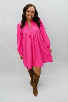 We are so in love with this new arrival! Featuring long sleeves, V-neck, and collared neckline, this adorable bubble gum pink shirt dress is so cute to pair with cowboy boots, sneakers or even sandals! Color: Bubble Gum Pink Long Sleeve V-neck Collared Neckline Shirt Dress Model is 5'0 and wearing a size small. See size guide in images for more details. Measurements are approximate. Pink And Black Shirt, Pink Shirt Dress, Bubble Gum Pink, Boots Sneakers, So In Love, Bubblegum Pink, Pink Shirt, Neck Collar, Model Dress