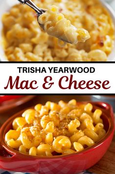 macaroni and cheese in a red bowl with the title overlay reads trisha yearwood mac & cheese