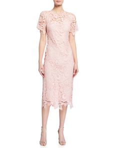 Shoshanna Floral Lace Short-Sleeve Midi Dress | Neiman Marcus Chiffon Drape Dress, Akris Dress, Floral Lace Shorts, Designer Cocktail Dress, Illusion Dress, Lace Sheath Dress, Tea Length Dresses, Midi Short Sleeve Dress, Mini Cocktail Dress