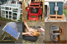 there are many different types of farm equipment in this collage, including solar panels and wind generators